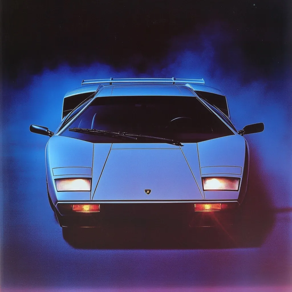 Here's a description of the image:

The image is a close-up, front view of a classic Lamborghini Countach. The car is depicted in a light blue or silver hue, set against a dark blue, almost smoky background that suggests motion and speed. The Lamborghini's iconic angular design is emphasized, with its sharp lines and distinctive headlights illuminated. The overall aesthetic is reminiscent of 1980s promotional art, with a stylized, slightly grainy quality to the image. The car's presence is powerful and captivating, a symbol of luxury and high performance.