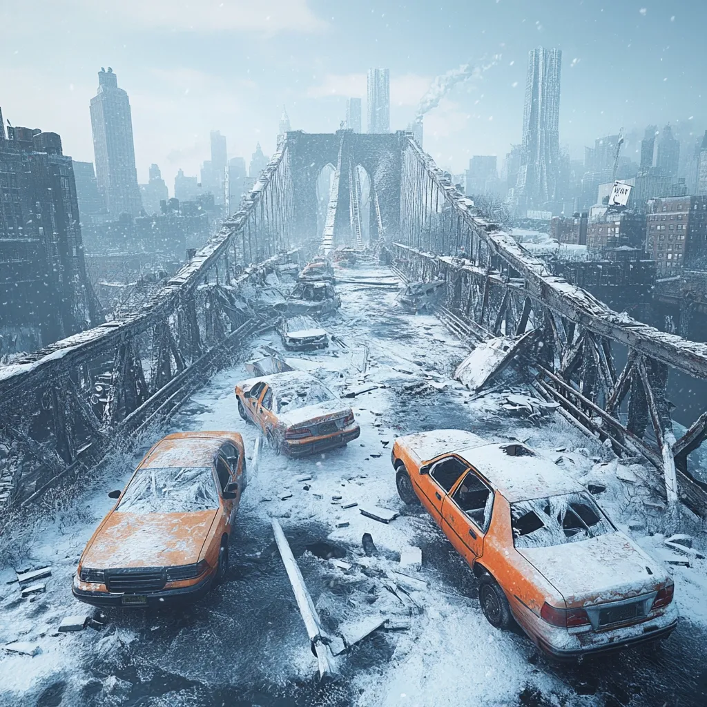 A snow-covered, ruined bridge stretches across a desolate cityscape.  Several abandoned, snow-dusted yellow cabs are scattered across the icy roadway and broken bridge structure.  The background reveals a city skyline, partially obscured by snow and a grey, overcast sky, suggesting a post-apocalyptic or disaster-stricken environment.  The scene is bleak and conveys a sense of abandonment and winter's harsh grip.