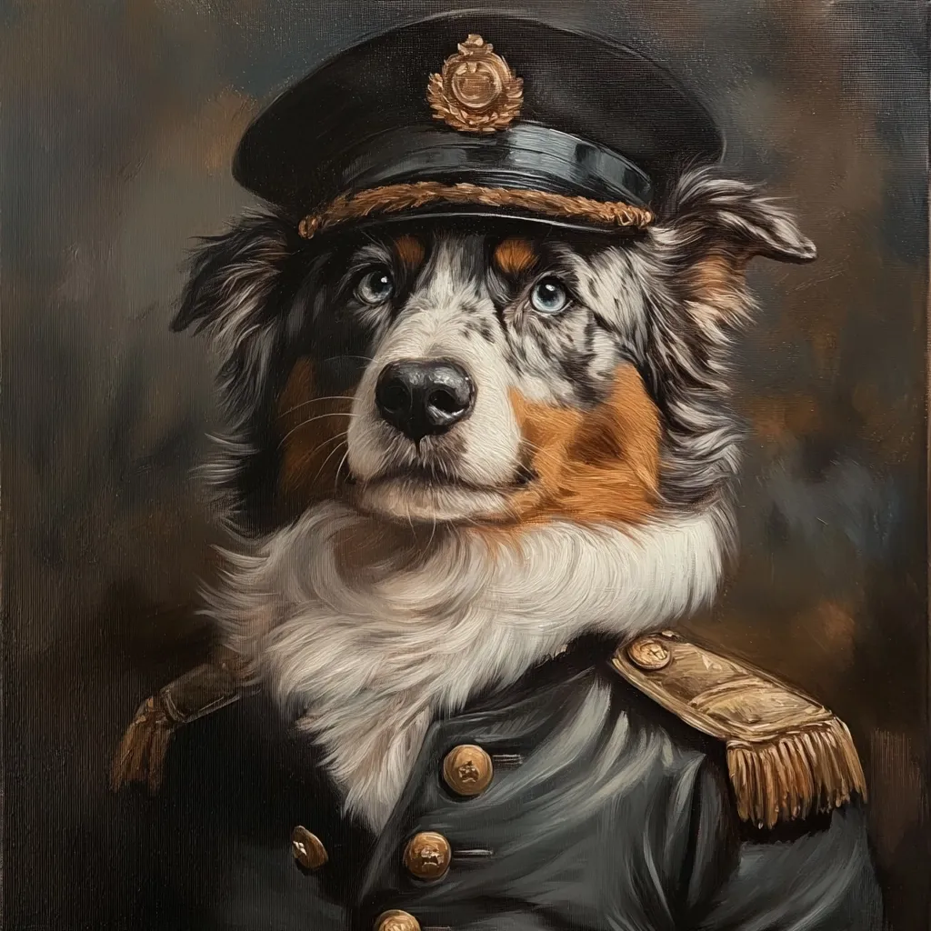 Here's a description of the image:

The painting depicts an Australian Shepherd dog dressed in a dark military-style uniform. The dog wears a dark blue captain's hat with gold braid and a gold insignia. The fur is meticulously detailed, showing a mix of white, blue merle, and tan. The dog's expression is serious and dignified, enhancing the regal feel. The background is a dark, muted brown, providing a contrast to the dog's vibrant coat and uniform. The overall style is reminiscent of classical portraiture, giving the canine subject a commanding presence. The artist's skill is evident in the realistic rendering of fur, fabric, and the dog's expressive eyes.