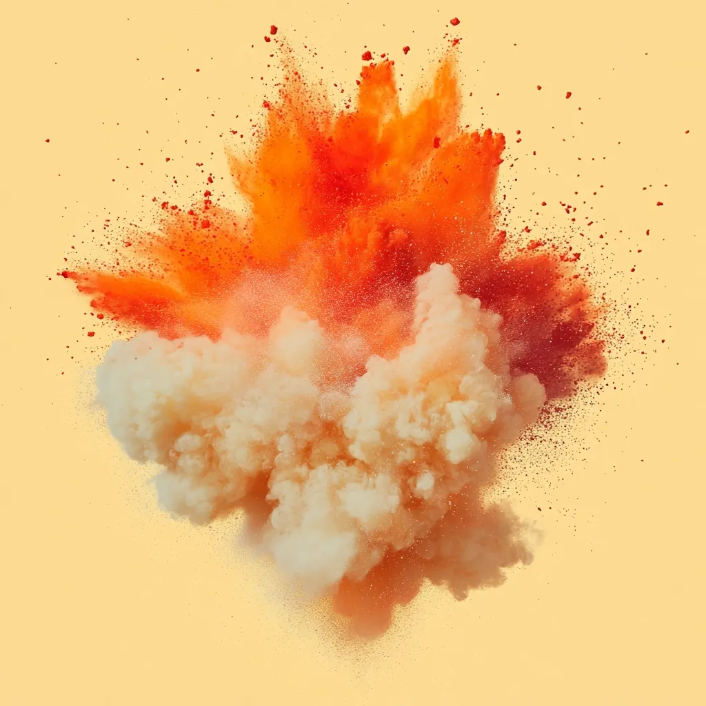 Here's a description of the image:

The image depicts a vibrant explosion of powder against a pale yellow background. A central cloud of off-white or pale beige powder is partially enveloped and surrounded by a burst of bright orange powder.  The orange powder creates a dynamic, outward-moving shape, with smaller particles scattering in all directions.  The overall effect is one of energy and motion, resembling a colorful, stylized explosion or burst of pigment. The contrast between the warm orange and the softer beige creates a visually striking effect.