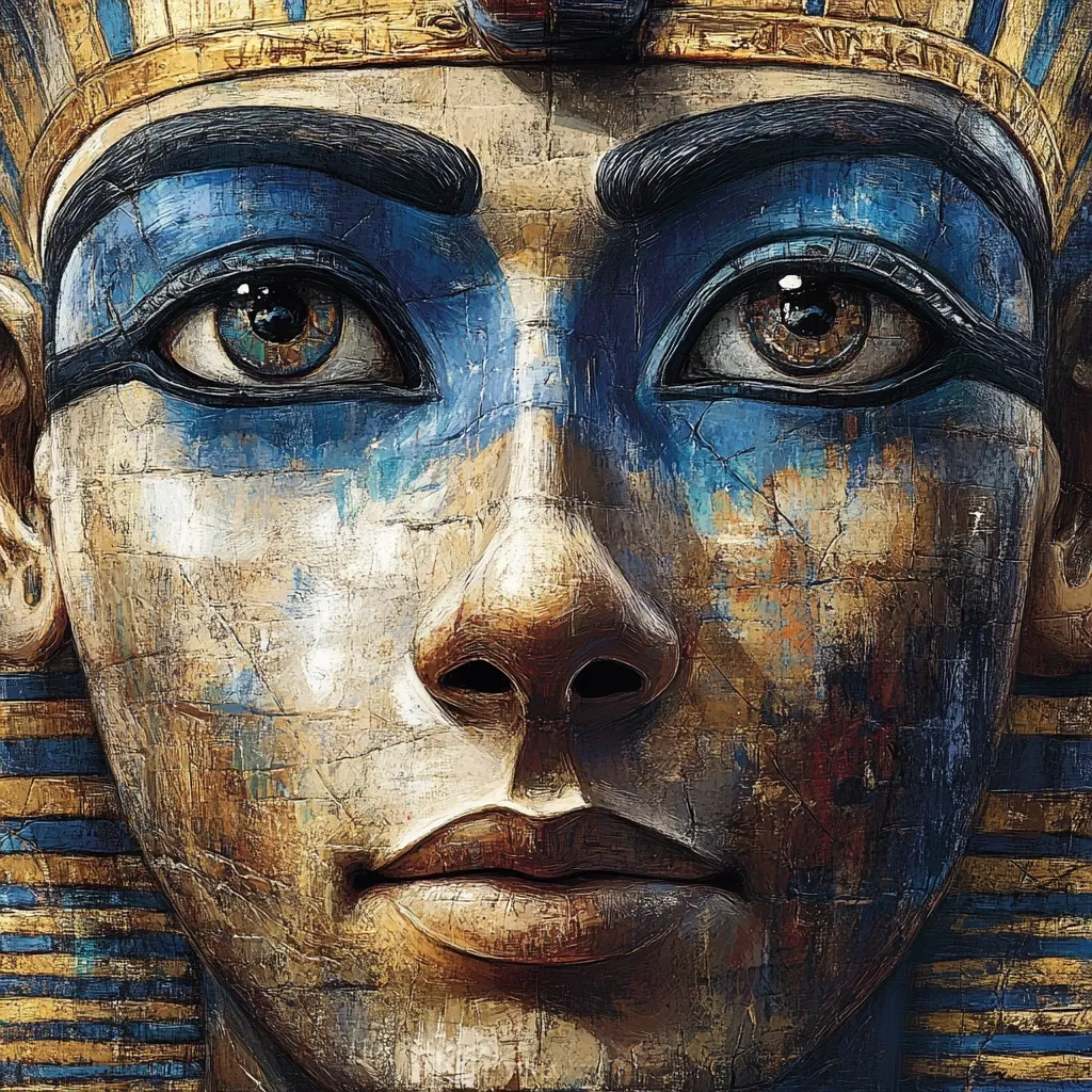 Here's a description of the image:

The image is a close-up, stylized portrait of a person's face, seemingly inspired by ancient Egyptian art.  The face is painted in a textured, almost sculpted style, with a palette of earthy browns, golds, and striking blues around the eyes. The blue pigment resembles eye makeup, characteristic of ancient Egyptian pharaohs. The figure wears a headdress with gold accents, further emphasizing the Egyptian aesthetic. The overall effect is both ancient and modern, a blend of classical representation and contemporary artistic interpretation.  The expression is serene and somewhat enigmatic.