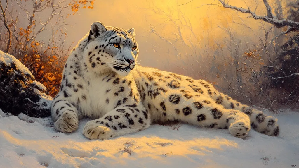 Here's a description of the image:

The painting depicts a snow leopard resting in a snowy, sun-drenched landscape.  The leopard's thick, white fur is speckled with dark grey rosettes, and its piercing amber eyes are captivating.  It lies gracefully on a snow-covered ground, near a rocky outcrop.  The background features a wintry forest with bare, snow-laden branches, bathed in the warm, golden light of either sunrise or sunset.  The overall mood is serene and majestic, highlighting the beauty of the snow leopard in its natural habitat.