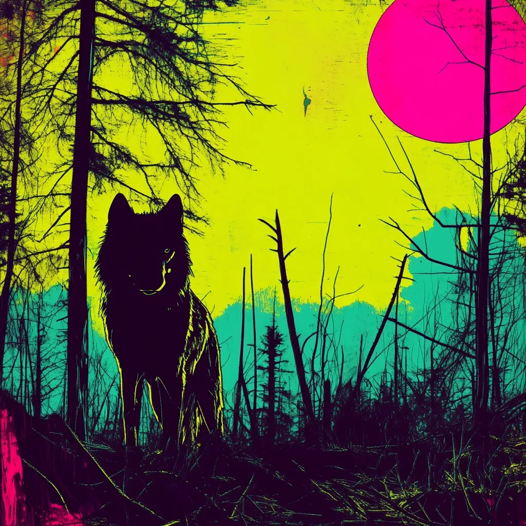 Here's a description of the image:

The artwork depicts a stylized silhouette of a wolf standing in a dark, somewhat desolate forest. The background is a vibrant, almost neon-like contrast of chartreuse yellow and teal, with a large, hot pink circle resembling a stylized sun or moon high in the sky. The trees are skeletal and bare, suggesting a barren or autumnal landscape. The wolf is rendered in black, sharply defined against the bright backdrop, creating a striking visual contrast. The overall aesthetic is bold, graphic, and slightly surreal, blending elements of nature with a strong artistic interpretation.