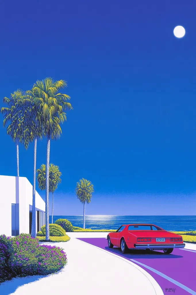 A vibrant 80s-style illustration depicts a red sports car parked on a purple-hued road, overlooking a tranquil ocean scene under a bright, full moon. Palm trees flank a white, minimalist house, creating a serene coastal atmosphere. The bright, bold colors and clean lines evoke a sense of calm and retro aesthetic.  The image is a stylistic representation of a quintessential California dream.