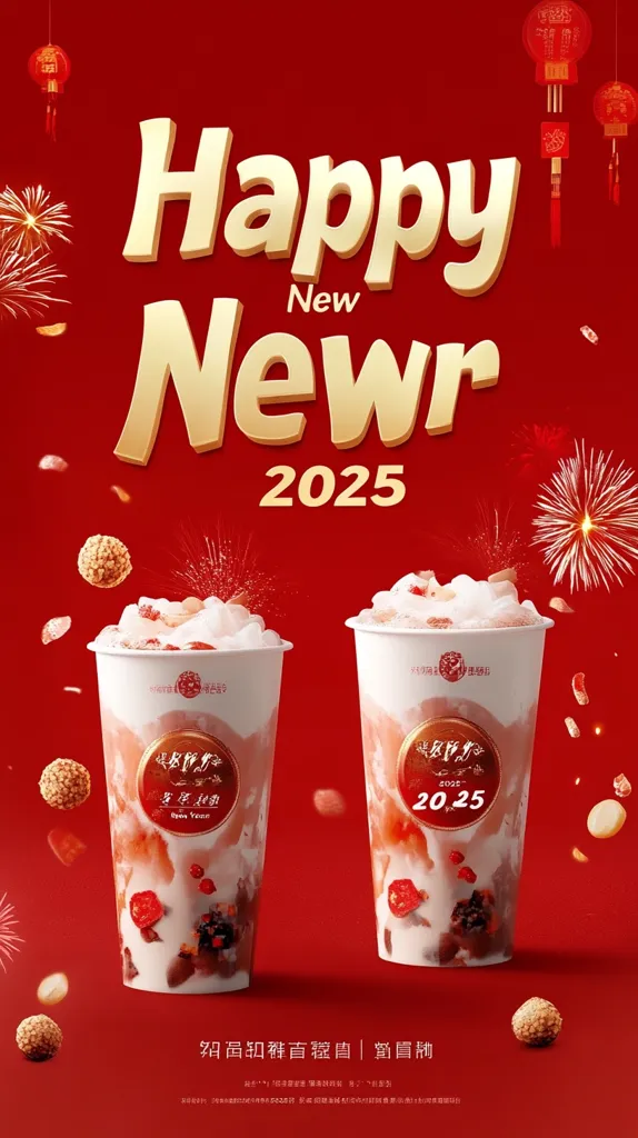 Here's a description of the image:

A vibrant red background features the celebratory message "Happy New 2025" in gold lettering.  Two cups of a creamy, layered beverage, adorned with red and white toppings, are prominently displayed.  Fireworks burst in the corners, and small, round treats are scattered around the cups.  Chinese lanterns hang at the top, adding to the festive New Year's atmosphere. The overall style is a visually appealing advertisement, likely for a drink sold during the Chinese New Year.  The bottom includes small Chinese text.