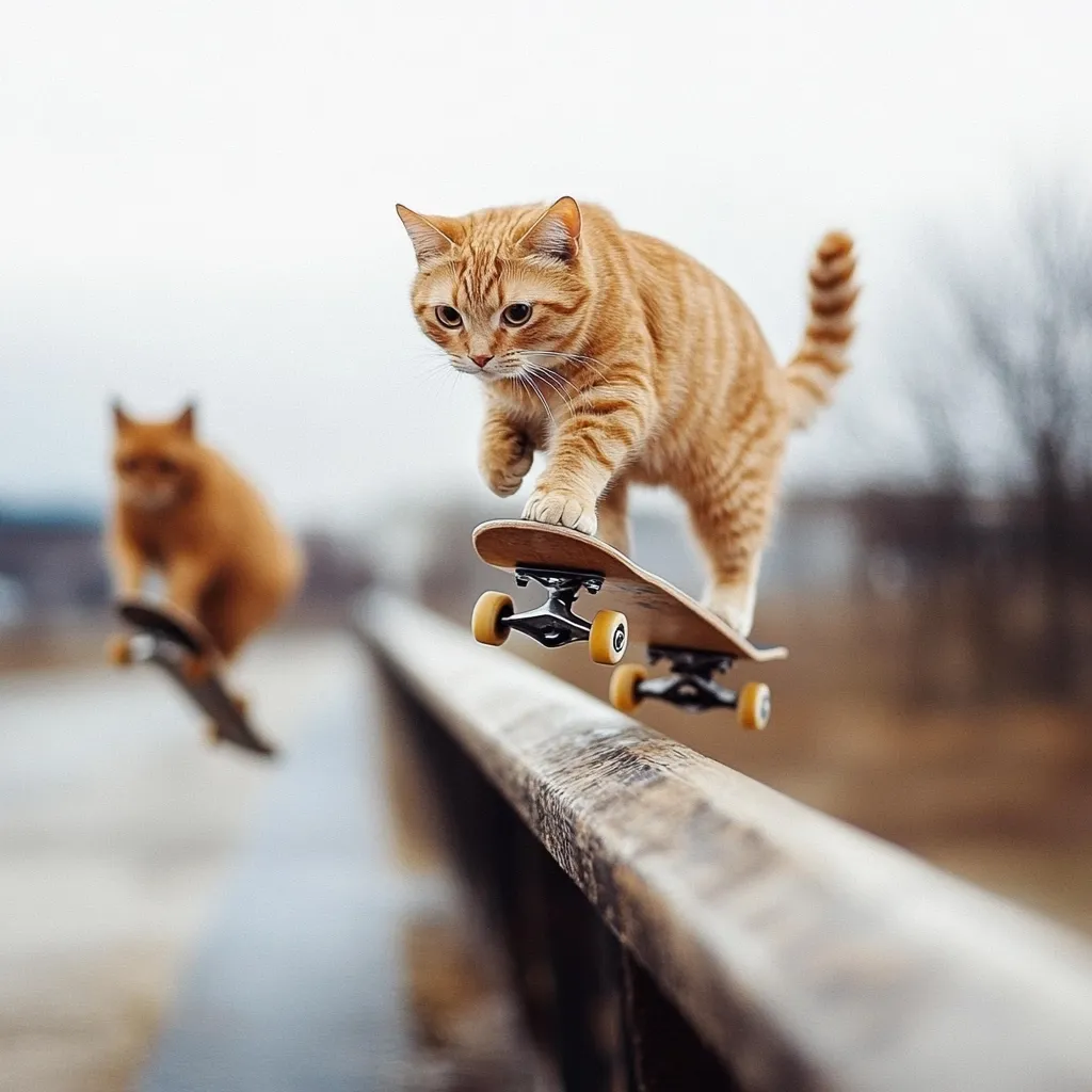 Here's a description of the image:

A ginger cat skillfully balances on a miniature skateboard, positioned on a wooden railing.  Its focus is intense, paws firmly planted on the board.  Another ginger cat, slightly blurred, is seen in the background, also skateboarding. Both cats appear to be performing a trick, showcasing an unexpected and playful scene. The background is softly blurred, with a muted landscape visible in the distance. The overall mood is lighthearted and whimsical.