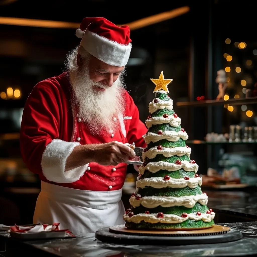 A jovial Santa Claus, clad in a red chef's jacket and traditional hat, meticulously decorates a magnificent Christmas tree cake.  The cake, a tiered masterpiece of green and white frosting adorned with red candies, sits on a dark surface.  Santa's focused expression and the warm, festive ambiance create a charming holiday scene.  The background hints at a bustling, possibly professional kitchen setting.
