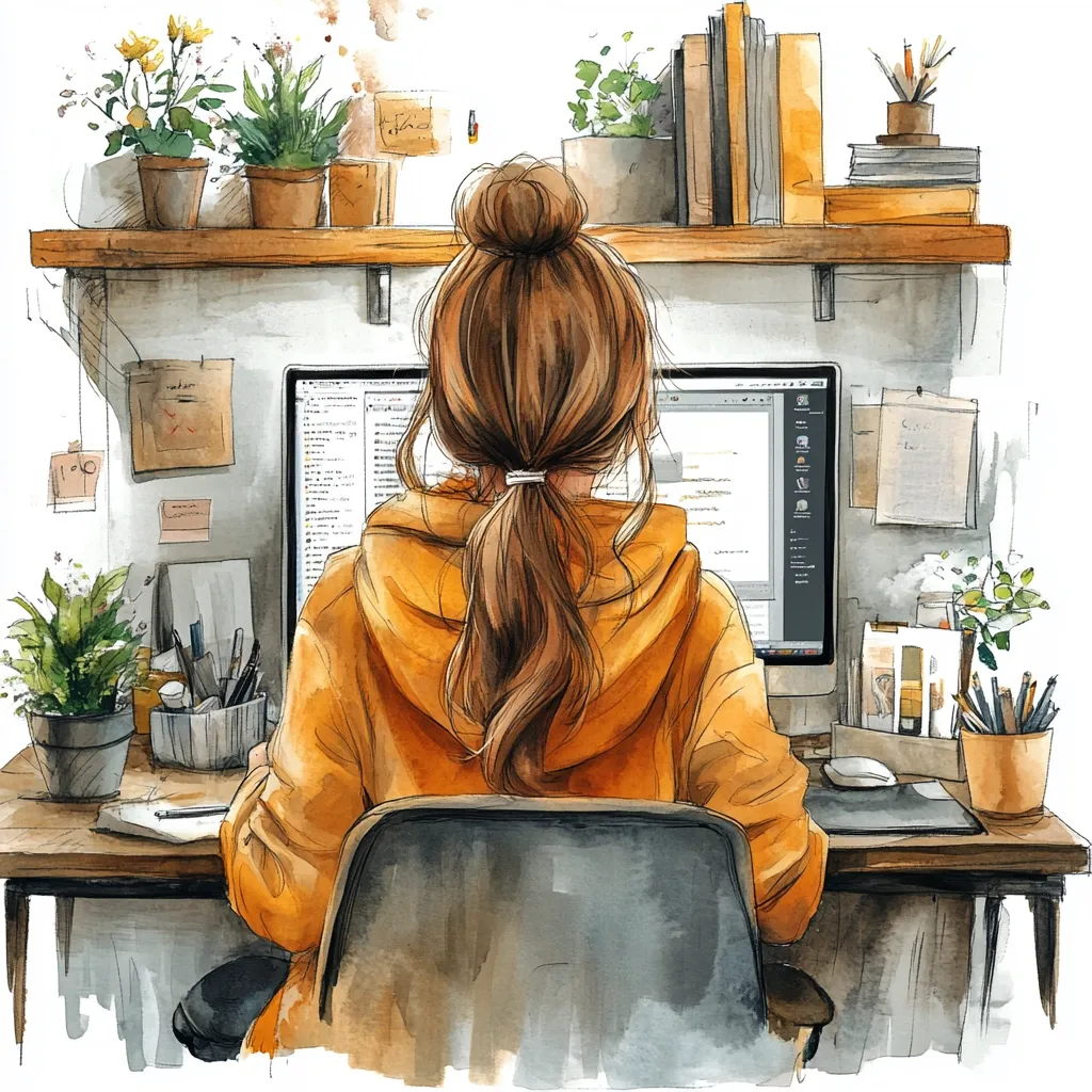 Here's a description of the image:

A watercolor painting depicts a young woman with brown hair in a high ponytail, seated at a desk facing a computer. She's wearing a mustard-yellow hoodie. The desk is cluttered yet organized, with potted plants, books, stationery, and other items. The background features a wooden shelf holding more plants and books. The overall aesthetic is cozy and creatively cluttered, suggesting a home office or workspace.  The style is soft and inviting, with a focus on warmth and calmness.