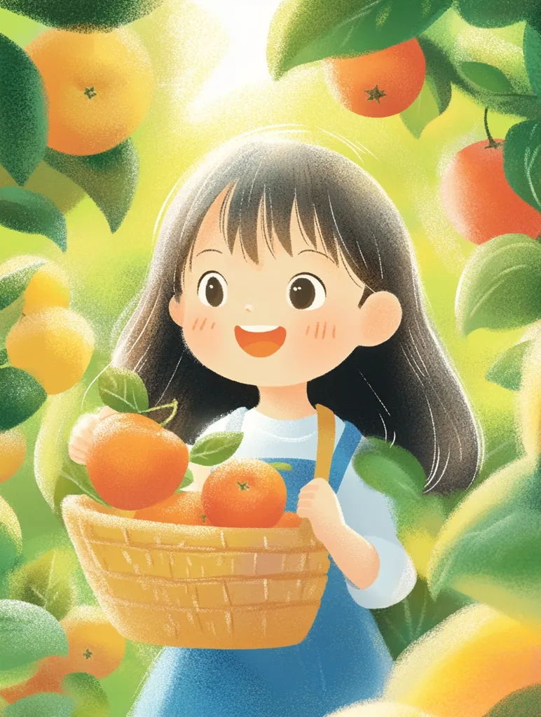 Here's a description of the image:

A charming illustration depicts a young girl with long dark hair, a joyful expression, and rosy cheeks, standing amidst a vibrant orchard.  She holds a woven basket brimming with bright orange citrus fruits, likely mandarins or oranges.  The surrounding trees are laden with ripe fruit, bathed in soft, sunny light. The style is soft, whimsical, and slightly textured, creating a cheerful and idyllic scene. The overall impression is one of sweetness and simple happiness.