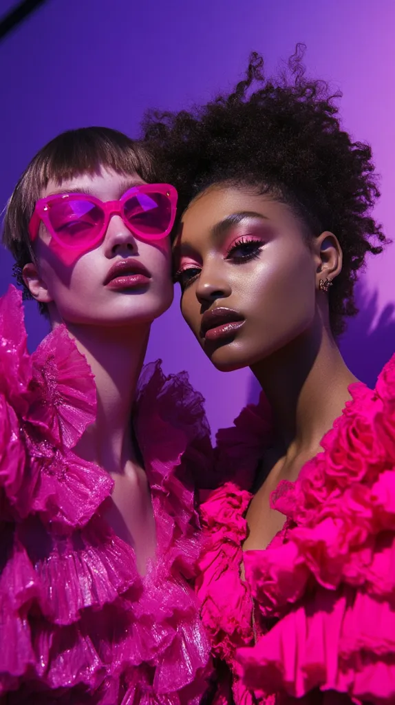 Two young women, close together, are the focus of this vibrant image.  One wears bright pink heart-shaped sunglasses, both are styled in ruffled, hot pink dresses. Their makeup is bold, with prominent eyes and lips. The backdrop is a deep purple, creating a striking contrast with the fuchsia tones of their clothing.  The image exudes a feeling of bold style and confident femininity.  The woman on the right has voluminous, dark curly hair. The overall aesthetic is one of high fashion.