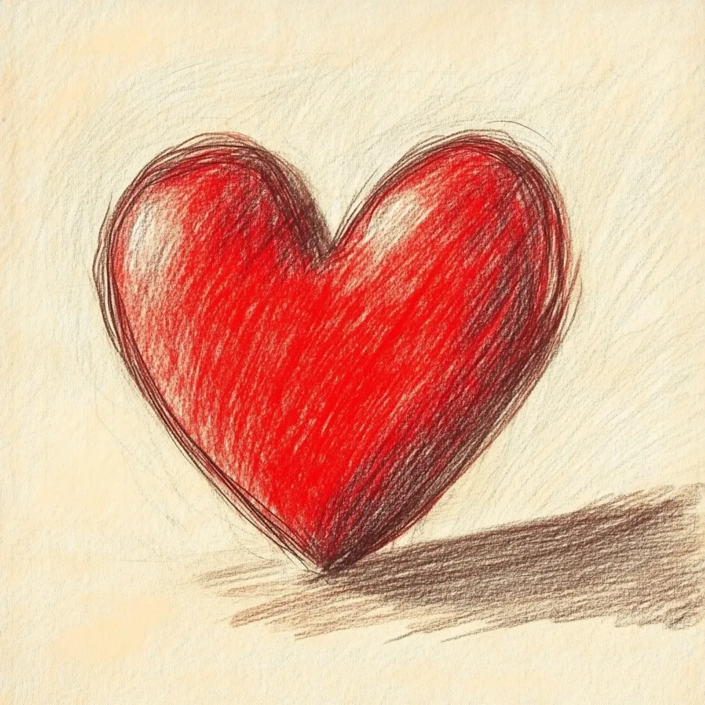 Here's a description of the image:

The image is a crayon or pencil drawing of a large, red heart. The heart is depicted in a somewhat textured style, with visible strokes of color creating a three-dimensional effect. It rests on a subtly shaded, brown line that suggests a surface. The background is a pale, creamy color, providing a soft contrast to the vibrant red heart.  The overall style is simplistic yet expressive, conveying a sense of warmth and affection.