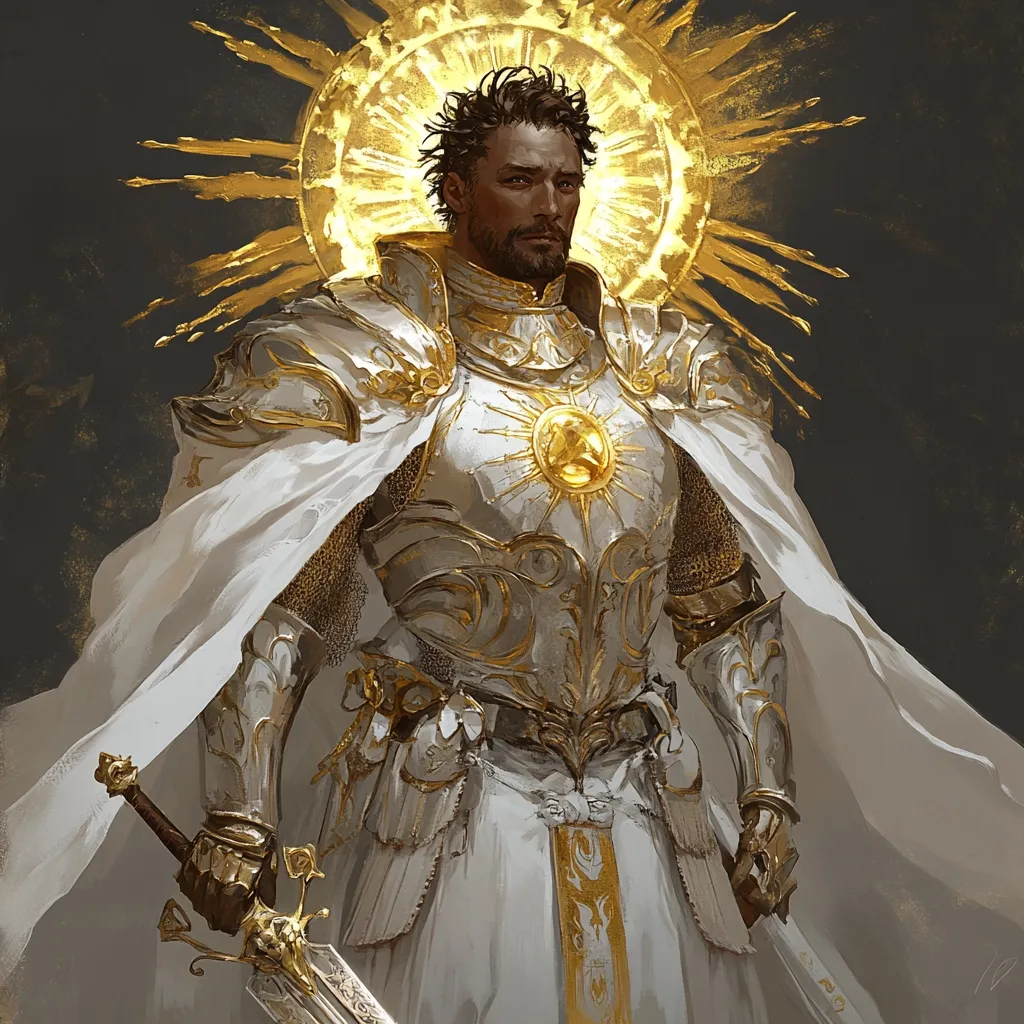 The artwork depicts a regal, dark-skinned knight clad in ornate, gold-accented white armor.  He holds a sword at his side, and a flowing white cape drapes over his shoulders. A radiant golden sunburst halo surrounds his head, adding to his majestic, almost divine, appearance. His expression is serious and composed. The painting style is detailed, emphasizing the textures of the armor and the softness of the cape, creating a dramatic and powerful image.