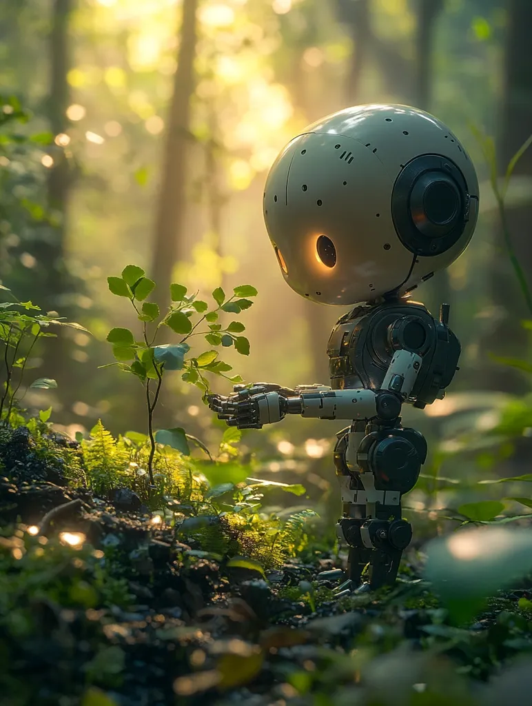 A small, cute robot with a large, round head and metallic body stands in a sun-dappled forest.  Its hands gently touch a young sapling, suggesting a nurturing interaction.  The scene is peaceful and evokes a sense of harmony between technology and nature. The robot's glowing eye adds a touch of warmth to the image, creating a whimsical yet poignant mood. The forest floor is rich with lush greenery and moss.