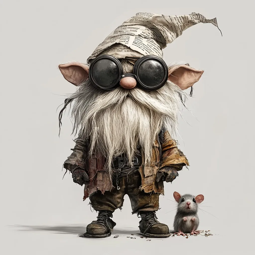 The image shows a whimsical, digitally painted gnome-like creature.  He's dressed in ragged, worn clothing,  wears large, round goggles, and a hat fashioned from crumpled newspaper.  His long, white beard is prominent.  A small, grey mouse sits patiently at his feet. The overall style is a blend of fantasy and post-apocalyptic aesthetics, suggesting a character from a fictional world. The background is a simple, light grey, emphasizing the figure.