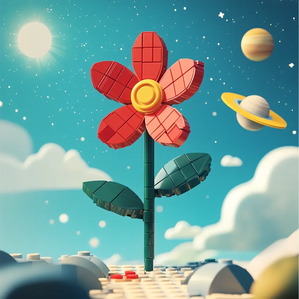 A whimsical Lego flower, with red petals and green leaves, stands prominently against a vibrant blue sky dotted with cartoonish clouds and planets. The sun shines brightly in the upper left corner.  The flower is constructed from Lego bricks, its simplistic design enhancing its charming appeal.  It sits atop a base of Lego bricks, adding to the playful, childlike aesthetic of the entire scene.  The overall mood is cheerful and imaginative.