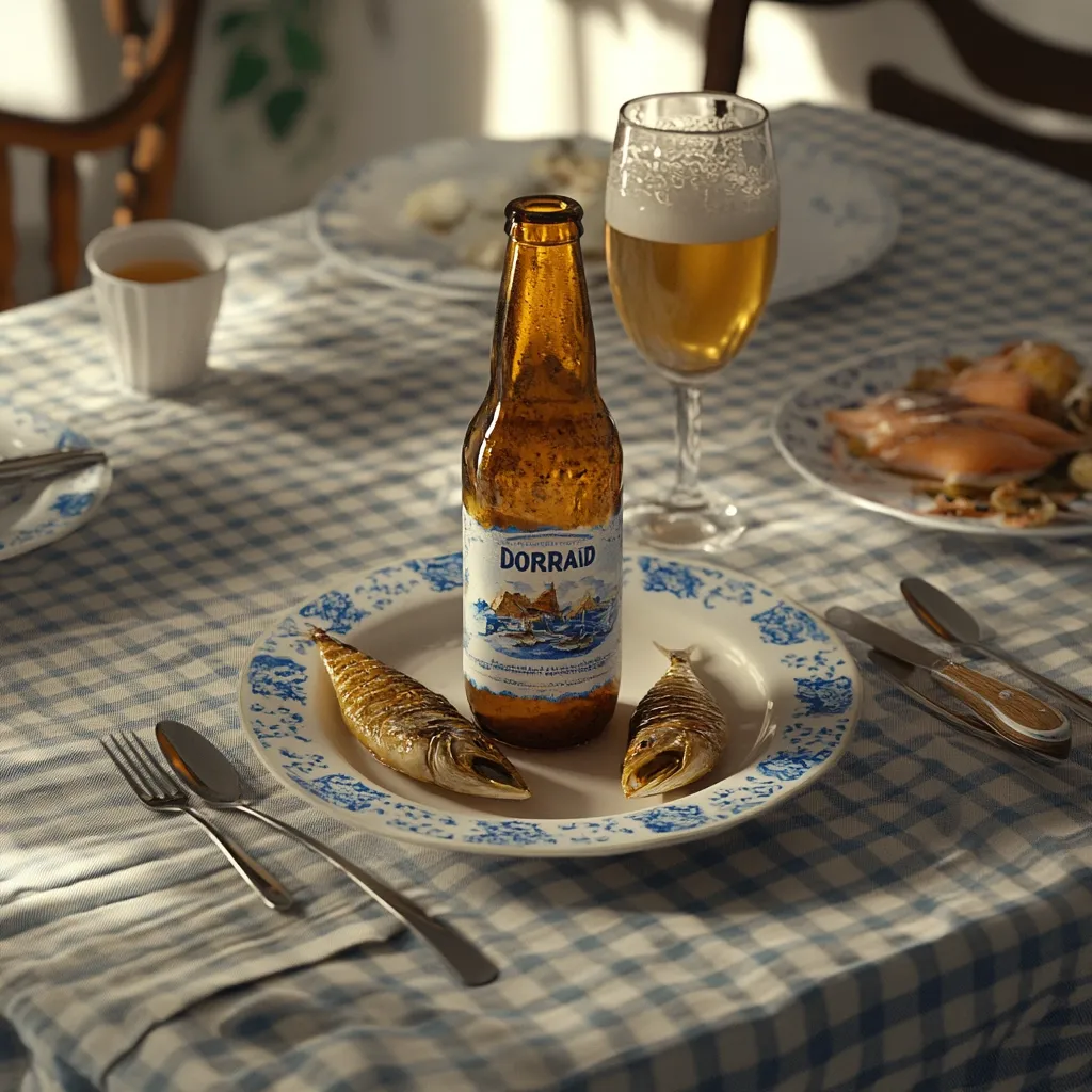 A bottle of Dorraid beer sits on a blue and white checkered tablecloth, next to a plate holding two smoked fish. A glass of beer and cutlery are also present, alongside other partially visible dishes. The setting suggests a simple, casual meal. Soft, natural light illuminates the scene, casting shadows on the table.  The overall image evokes a feeling of rustic charm and relaxed dining.