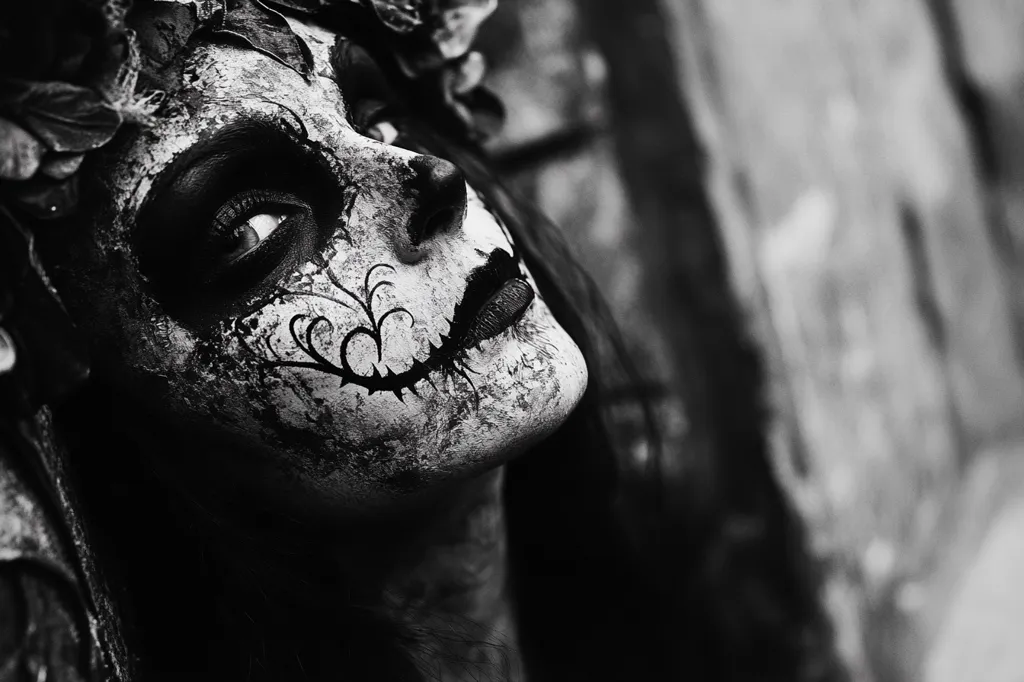 Here's a description of the image:

The black and white photograph showcases a close-up of a woman's face adorned with intricate, textured skull makeup reminiscent of Dia de los Muertos. The makeup is heavily detailed, with dark, swirling patterns and cracks creating a sense of age and decay. Her eyes are striking, accentuated by dark eyeliner and eyeshadow.  She wears a crown or headdress of dark, possibly floral, elements. The background is blurred, showing a rough, stone-like texture, adding to the image's overall dark and dramatic mood. The woman's gaze is slightly upward, creating a mysterious and captivating effect.