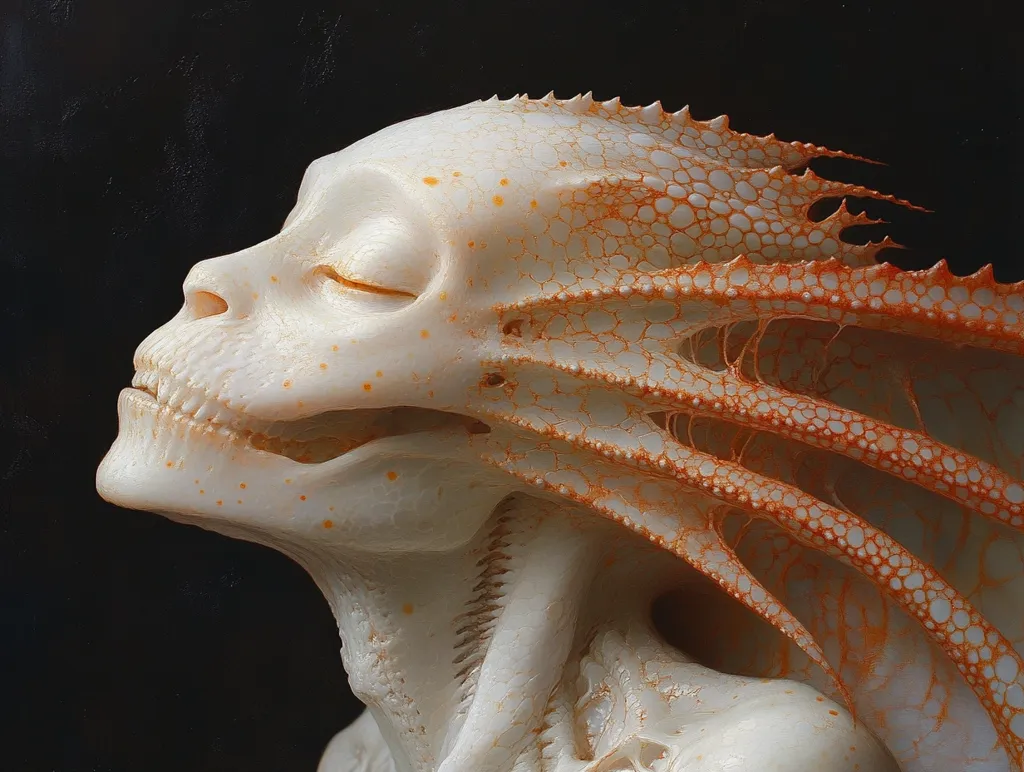Here is a description of the image:

Close-up view of a sculpted figure, possibly a bust, with a skeletal or boney structure. The figure's head is tilted upward, eyes closed, and expression serene despite the skull-like features.  A striking feature is the textured, orange-tinged appendage resembling fins or gills emanating from the back of the head, contrasting with the pale, almost bone-white skin. The overall aesthetic blends organic and inorganic elements, creating a surreal and otherworldly feel. The background is a deep, dark black, drawing focus to the intricately detailed sculpture.
