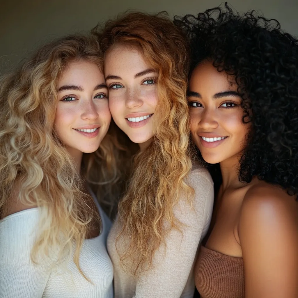 Three young women with long, curly hair stand close together, their heads tilted slightly.  The woman on the left has blonde hair, the center woman has reddish-blonde hair, and the woman on the right has dark, curly hair.  They are all smiling warmly, showcasing diverse beauty and a sense of friendship and closeness.  They are wearing casual, light-colored tops. The image conveys a feeling of warmth, intimacy, and sisterhood.