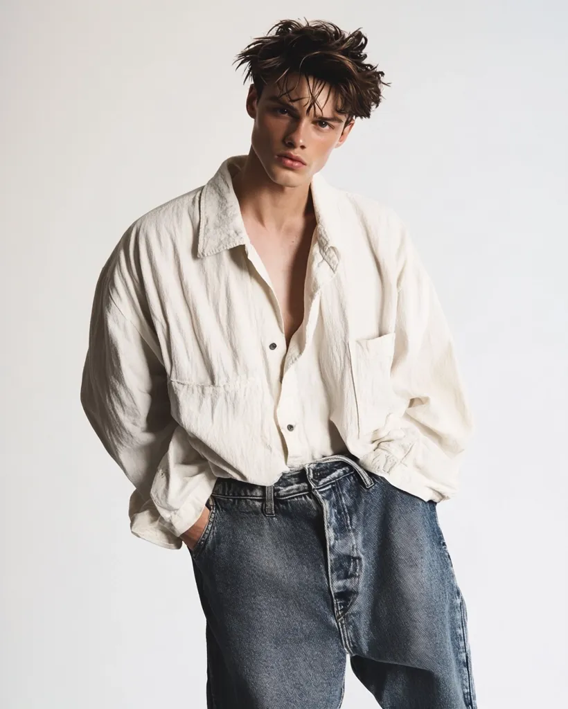 A young man with tousled dark hair models a relaxed, oversized off-white linen shirt.  The shirt is unbuttoned at the chest, revealing a hint of his torso. He's paired it with dark-wash denim jeans that have a unique, loose-fitting, and slightly asymmetrical cut.  His pose is casual, hands in pockets, conveying a laid-back and stylish attitude against a plain white backdrop.  The overall style is effortless and subtly androgynous.