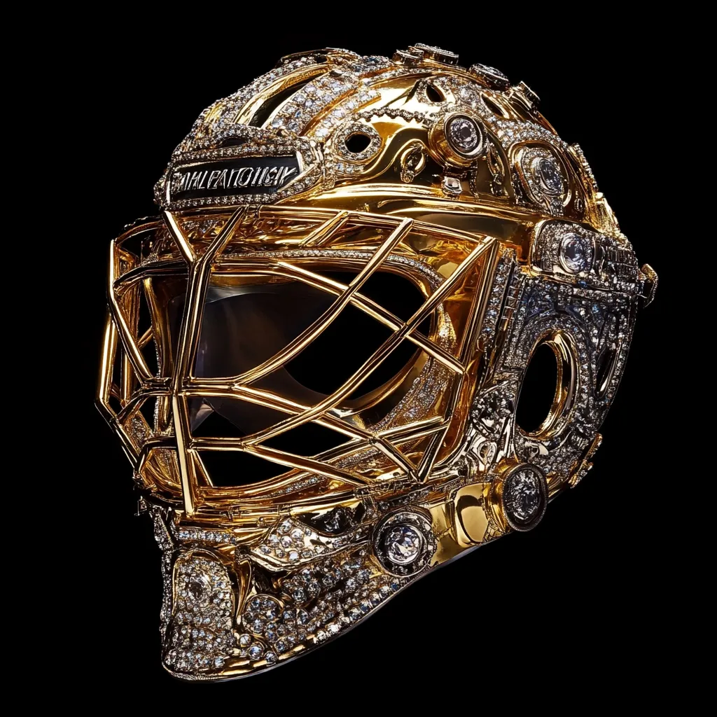 Here is a description of the image:

The image showcases a goalie mask, crafted from gold and encrusted with numerous diamonds. The mask is highly ornate, with intricate detailing and a substantial number of diamonds of varying sizes meticulously set into the gold framework. The "BAUHOFF" logo is visible on the forehead area of the mask. The background is plain black, which starkly contrasts with the mask's glittering surface, making the luxurious craftsmanship the clear focal point. The overall impression is one of opulence and extravagance.