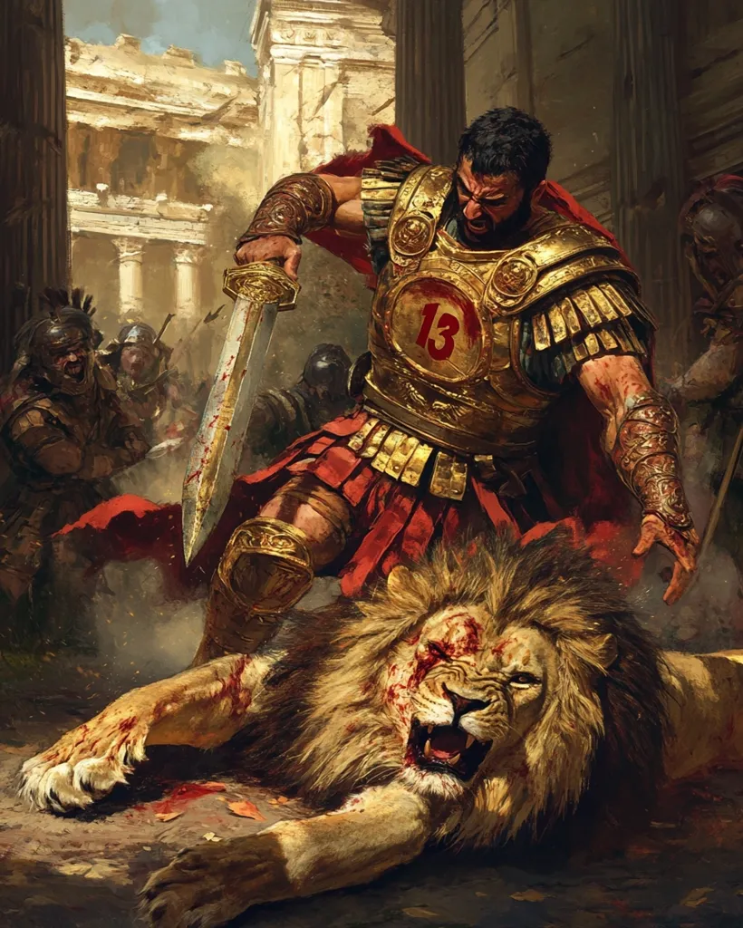 A powerful Roman soldier, number 13 emblazoned on his golden breastplate, stands triumphantly over a slain lion. Blood stains his sword and the lion's mane. The scene is set amidst the ruins of a Roman city, with other soldiers in the background, suggesting a battle or gladiatorial contest. The soldier's fierce expression and the lion's agonized death throes create a dramatic and violent image, highlighting themes of conquest and brutality.  The artwork is rich with detail, showcasing texture in the armor and fur.