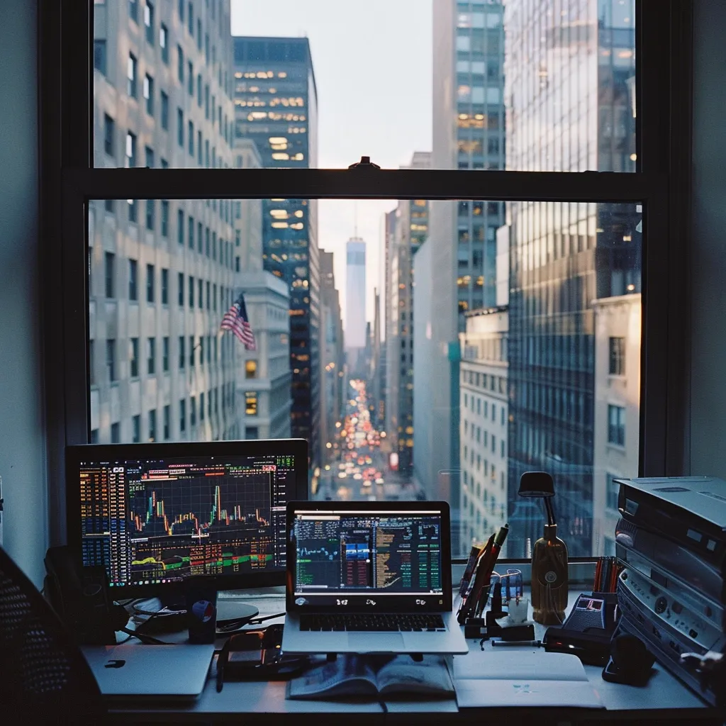 A high-rise office desk overlooks a bustling city street. Two computer screens display stock market data; a laptop sits open beside them.  A US flag is visible in the distance. The scene is bathed in soft, natural light, suggesting either dawn or dusk.  The overall atmosphere is one of sophisticated professionalism and financial activity. Papers, pens, and office equipment are neatly arranged on the desk, which is set against a large window offering a panoramic city view.