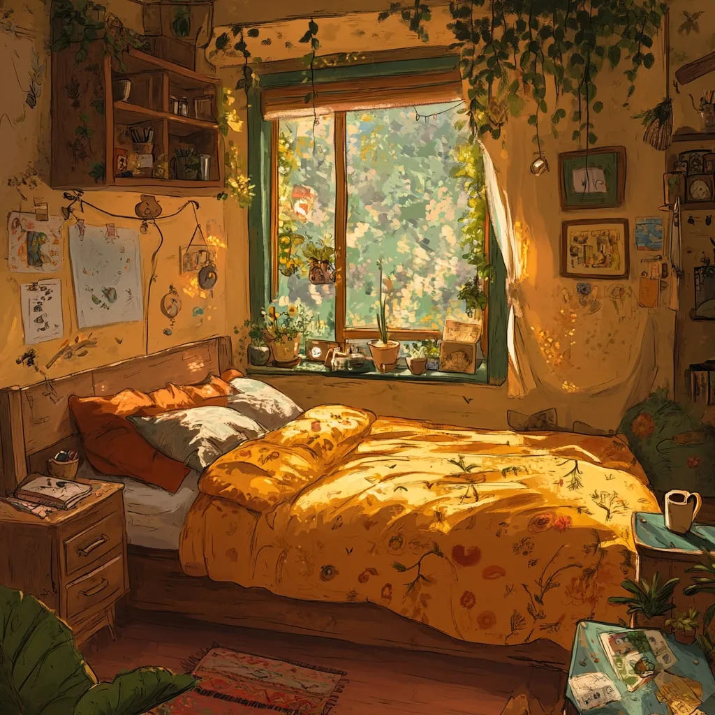Sunlight streams into a cozy bedroom, illuminating a bed with a golden floral duvet.  The room is adorned with plants hanging from the ceiling and potted on the windowsill, creating a verdant atmosphere.  Walls are covered in artwork, photographs, and trinkets, reflecting a personal and collected aesthetic.  A wooden bedside table holds books and a mug, completing the scene of calm and comfortable domesticity. The overall style is whimsical and reminiscent of a warm, sun-drenched illustration.