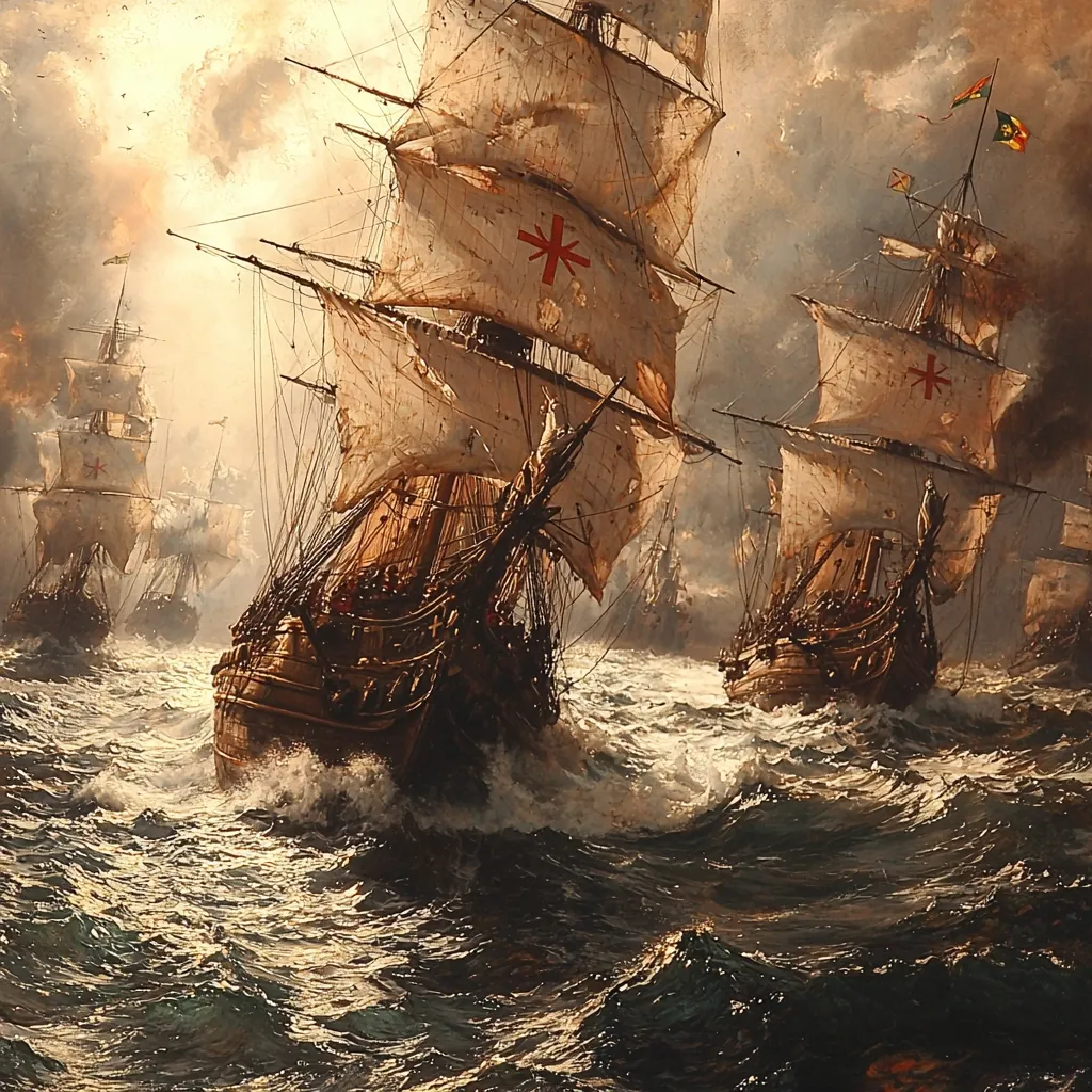 The painting depicts a dramatic scene of a fleet of large, three-masted sailing ships battling a stormy sea. The ships, with sails billowing, carry a red cross on their sails, suggesting a possible historical or religious context.  The tumultuous waves crash against the vessels, emphasizing the power of the ocean and the precariousness of the journey. The light suggests a break in the stormy clouds, illuminating the scene with dramatic contrast. The overall impression is one of adventure, peril, and the grandeur of historical maritime exploration.