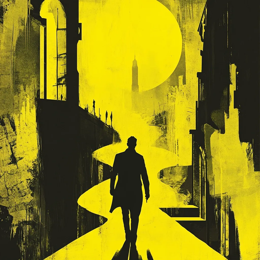 Here's a description of the image:

The artwork is a stylized depiction of a lone figure walking down a winding, yellow path. The path seems to twist and turn through a dark, almost abstract cityscape.  The figure is silhouetted, dressed in a long coat, suggesting a sense of mystery or intrigue.  A large, bright yellow sun or moon dominates the upper portion of the image, casting a dramatic light on the scene. The overall style is expressive and painterly, with visible brushstrokes contributing to a sense of movement and unease.  The background includes glimpses of buildings and figures in the distance, adding to the depth and narrative suggestion. The color palette is stark, predominantly yellow and black.
