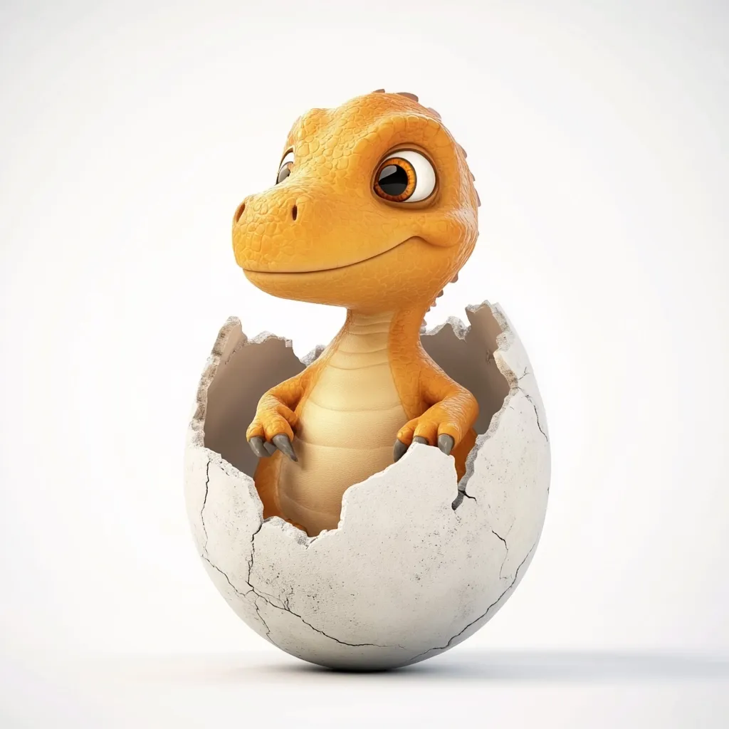 Here's a description of the image:

The image showcases an adorable, cartoonish baby dinosaur nestled inside a cracked eggshell.  The dinosaur is a light orange hue, with large, expressive eyes and a friendly smile.  Its posture is upright and curious, as it sits within the broken shell, which is a light gray-white and shows signs of cracking and chipping. The background is a plain white, drawing focus solely to the charming baby dinosaur and its egg. The overall style suggests a 3D rendered image, possibly for children's media or illustration.