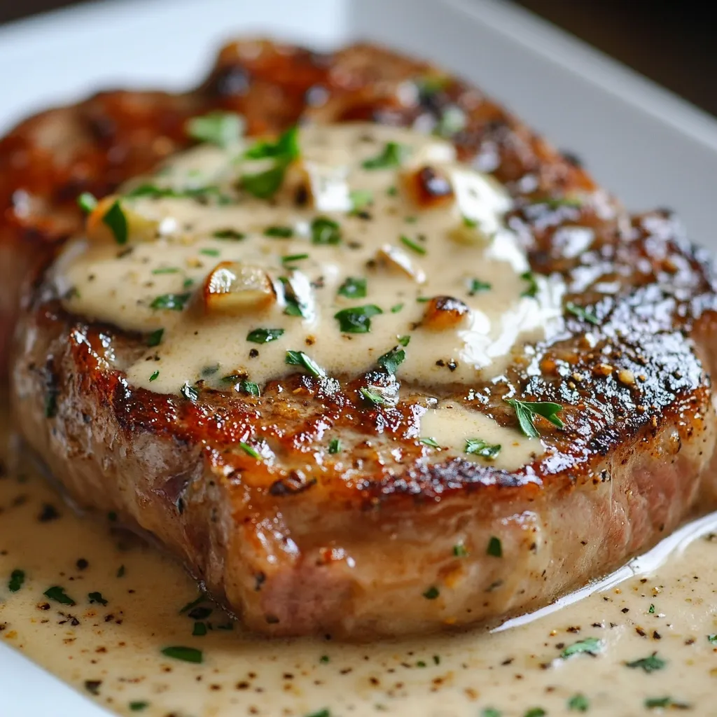Here's a description of the image:

A close-up shot showcases a succulent steak, perfectly seared to a rich brown, glistening with a creamy, light-colored sauce.  The sauce is generously drizzled over the steak, speckled with finely chopped herbs and visible pieces of garlic. The steak rests on a pool of extra sauce, which coats the plate. The overall impression is one of a luxurious and flavorful dish.