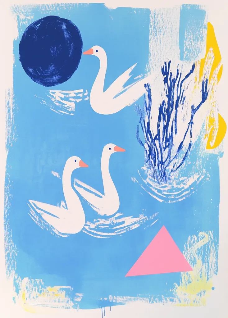 Here's a description of the image:

The artwork is a vibrant, abstract piece featuring three stylized white swans on a light blue background. Two swans are positioned closely together, while a third floats slightly above and to the left.  The blue background incorporates textural brushstrokes, creating a sense of movement, like water.  There's a large, dark blue circle near the top left, a dark blue bush-like form in the middle right, and a bright pink triangle near the bottom.  Yellow accents are visible, adding to the overall playful and colorful composition. The style is reminiscent of mid-century modern art, with bold shapes and colors.