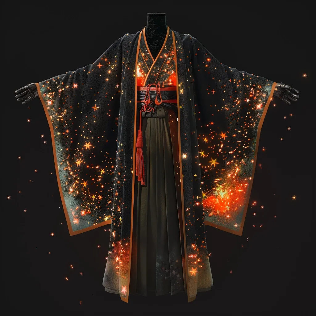 Here's a description of the image:

The image showcases a striking, dark-colored kimono adorned with a celestial design.  Embroidered or printed across the fabric are shimmering gold and orange sparks, reminiscent of stars and nebulae, creating a cosmic effect.  The kimono, displayed on a mannequin, is long and wide-sleeved, with an obi (sash) tied around the waist.  The obi features red accents.  The overall aesthetic blends traditional Japanese clothing with a futuristic, fantastical element.  Small, glowing particles seem to drift from the garment, further emphasizing its magical, otherworldly quality.  The dark background isolates the kimono, enhancing its visual impact.