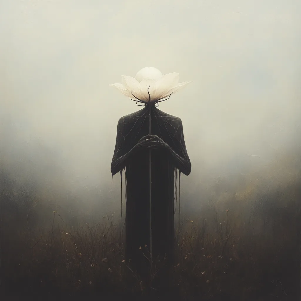 Here's a description of the image:

The artwork depicts a surreal and somewhat unsettling figure standing in a misty field. The figure is dark and elongated, almost skeletal in appearance, with what seems like dark tendrils or webbing clinging to its form.  Its head is replaced by a large, pale white flower held gently in its hands.  The overall atmosphere is somber and mysterious, the fog creating a sense of isolation and the unnatural juxtaposition of the flower and the figure adding to its enigmatic nature. The scene suggests a theme of concealment, fragility, or perhaps the contrast between life and decay.