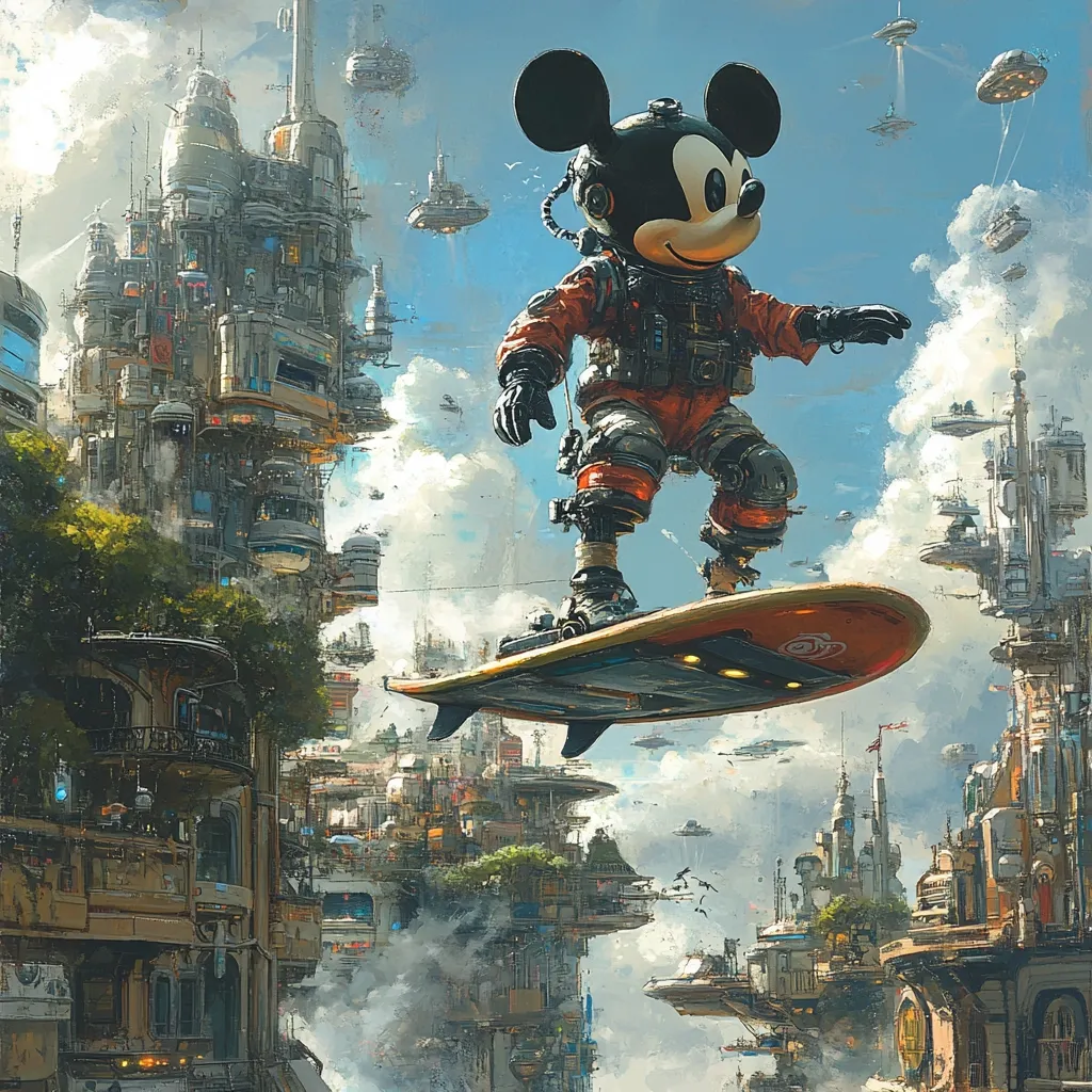 Mickey Mouse, clad in a futuristic spacesuit, effortlessly glides on a hoverboard above a breathtaking, steampunk-inspired cityscape.  Numerous airborne vehicles and floating islands populate the sky, creating a vibrant, fantastical atmosphere. The architectural style blends retro-futuristic elements with organic growth, suggesting a world of advanced technology and whimsical ingenuity.  Mickey's playful stance contrasts with the intricate detail of the background, making him a focal point against this awe-inspiring backdrop.