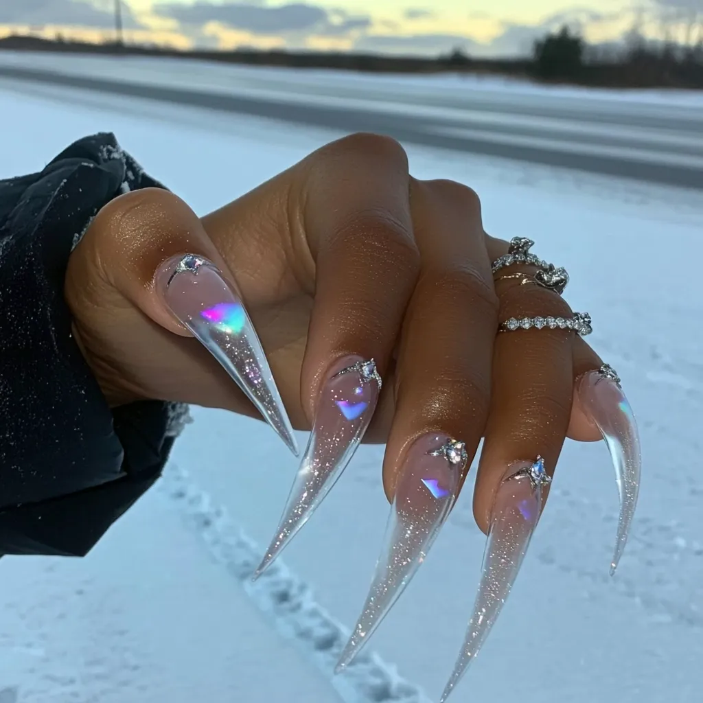 Here's a description of the image:

Close-up view of a hand with long, clear, stiletto nails adorned with iridescent accents and small, sparkling rhinestones. The nails are translucent, allowing the skin underneath to be slightly visible.  The hand is dark-skinned, and the person is wearing two delicate silver rings. The background is blurred, showing a snowy landscape, suggesting a winter setting. The overall aesthetic is elegant and glamorous.