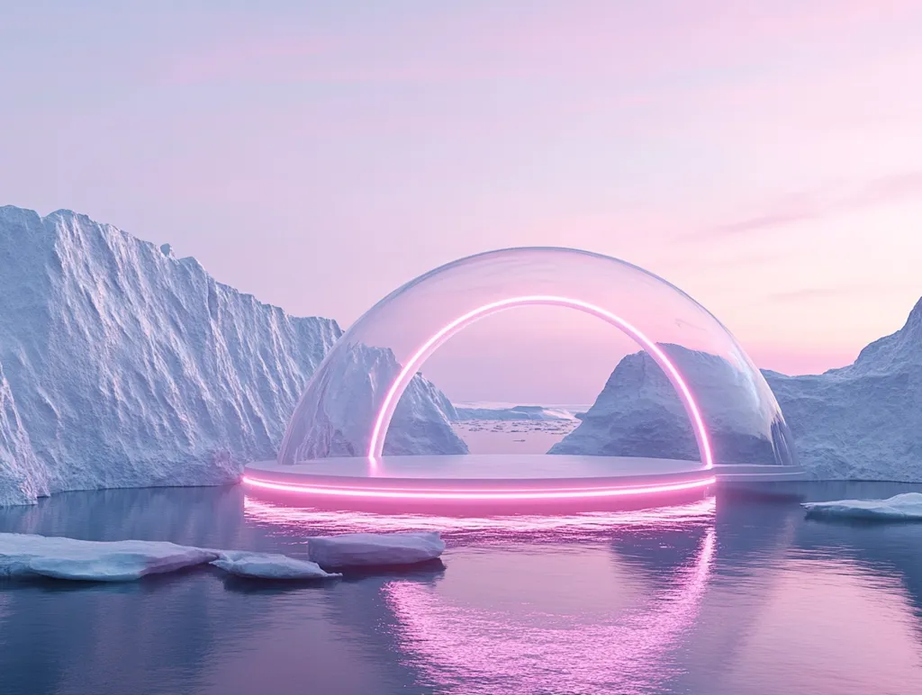 Here's a description of the image:

A surreal, minimalist scene depicts a translucent, dome-like structure with a bright pink neon archway.  It sits on a white platform, floating on calm, reflective water amidst a serene arctic landscape.  Icebergs and snow-covered mountains form a backdrop under a soft, pastel sky at either dawn or dusk. The overall aesthetic is clean, futuristic, and peaceful, creating a striking contrast between the artificial structure and the natural environment.