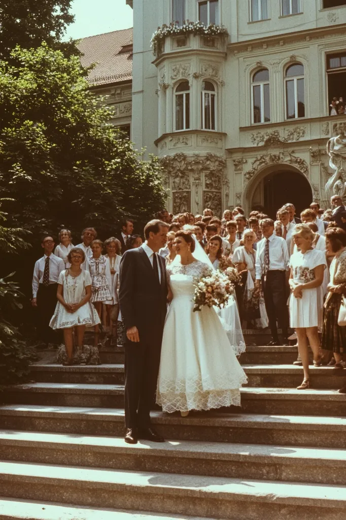 A bride and groom stand at the bottom of a grand stone staircase, surrounded by wedding guests.  The bride wears a classic A-line gown with lace detailing, and carries a bouquet of white and light pink flowers. The groom is in a dark suit. The background features an ornate, light-colored building with lush greenery.  Many guests, dressed in the fashion of the era (likely 1960s or 70s), are visible on the stairs. The overall scene is one of joyous celebration and traditional wedding formality.