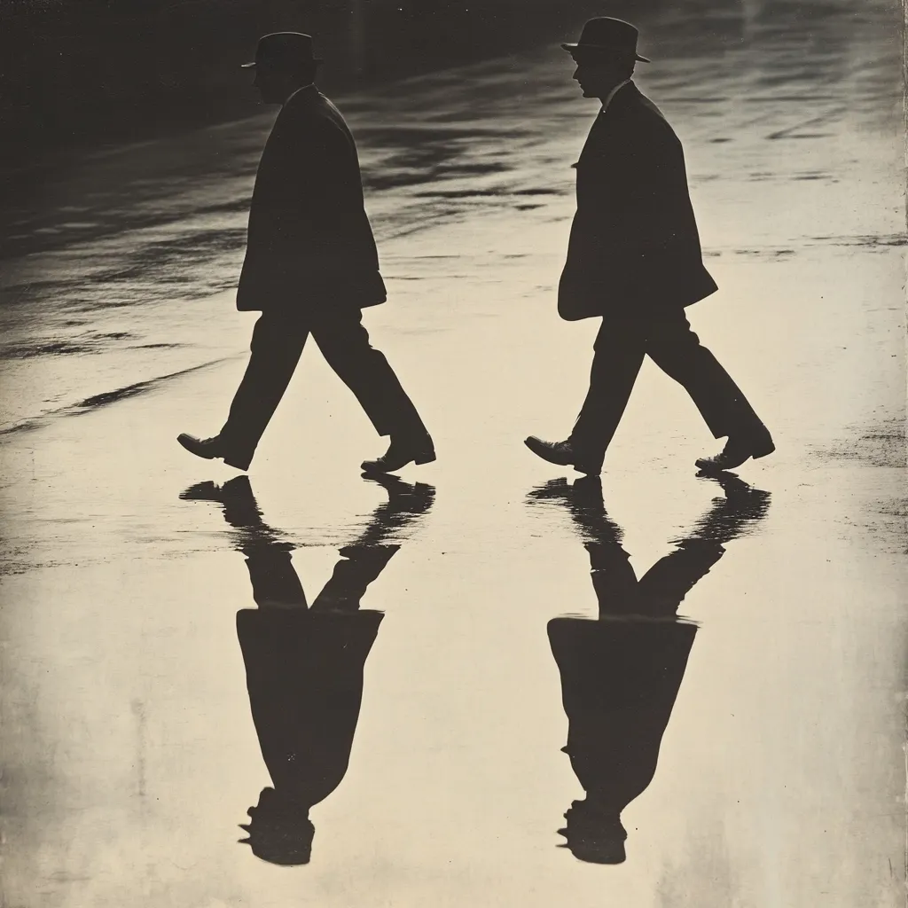 A black and white photograph depicts two men in suits and hats walking in parallel, their silhouettes sharply defined against a wet, reflective pavement. Their gait is synchronized, creating a mirrored effect with their reflections perfectly mirroring their movements in the puddles. The image is stark, minimalistic, and evokes a sense of anonymity and quiet observation, characteristic of street photography. The overall tone is somber and slightly mysterious.