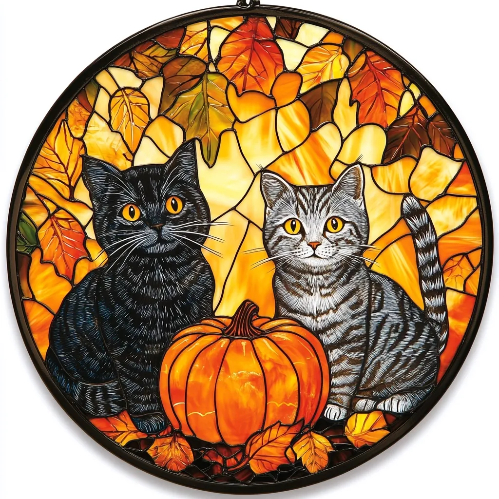 Here's a description of the image:

A round stained-glass piece depicts a black cat and a grey tabby cat flanking a pumpkin.  The cats are positioned in a serene manner, seemingly observing the pumpkin.  They are situated amidst a bed of autumn leaves rendered in warm shades of orange, red, and brown. The stained-glass technique creates a vibrant and detailed image, with each leaf and the cats' fur meticulously represented. The overall effect is one of autumnal warmth and cozy companionship.  The dark border of the round piece contrasts beautifully with the bright autumnal tones.