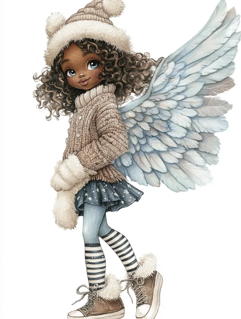 Here's a description of the image:

The illustration depicts a charming Black girl, styled as a winter angel.  She has large, expressive eyes, curly brown hair peeking from under a fluffy white winter hat, and wears a knitted beige sweater and a dark skirt with snowflake detailing.  Her light blue tights and brown high-top sneakers, both accented with white fur, complete her winter ensemble.  Large, pale blue feathered wings sprout from her back, adding a whimsical, angelic touch.  The overall style is soft, delicate, and reminiscent of children's book illustrations, with a focus on cute and charming details.