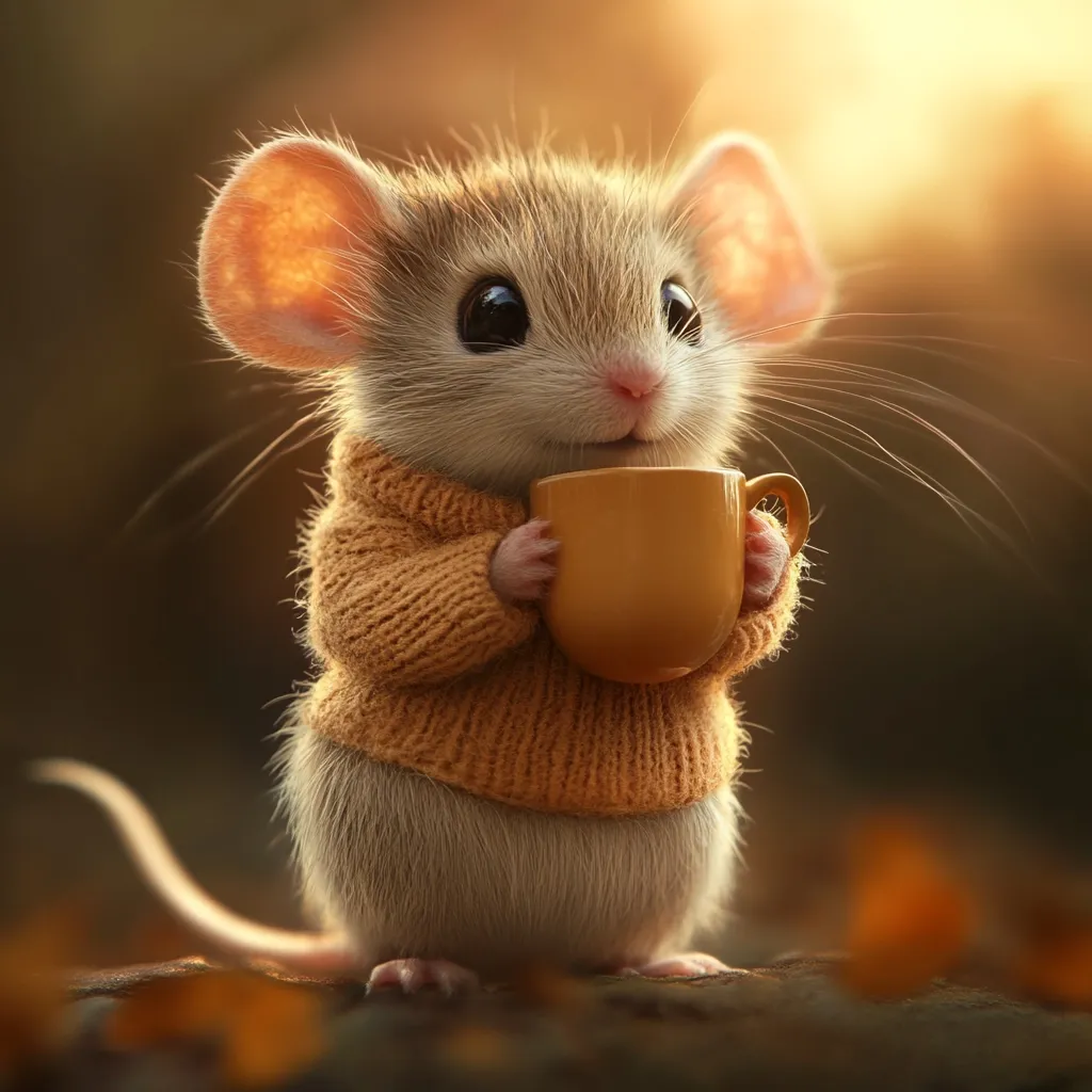 A charming illustration depicts a small mouse, adorably dressed in a knitted orange sweater.  The mouse is holding a tiny, mustard-yellow cup, seemingly enjoying a warm beverage. Its large eyes and soft fur add to its endearing appearance. The background is softly blurred, with autumnal colors suggesting a fall setting, bathed in the warm glow of sunlight.  The overall mood is cozy and heartwarming.