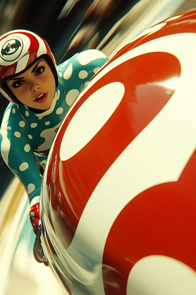 Here's a description of the image:

The image is a dynamic close-up of a woman in a bobsled, emphasizing speed and motion blur.  She wears a teal and white polka-dotted racing suit and a red helmet. Her expression is one of intense focus. The bobsled itself is predominantly red with a stylized white design, its curves reflecting the light. The overall aesthetic is retro-futuristic, with a vibrant color palette and a sense of playful energy contrasting with the serious athleticism implied by the scene. The blur suggests high velocity, placing the viewer in the heart of the action.