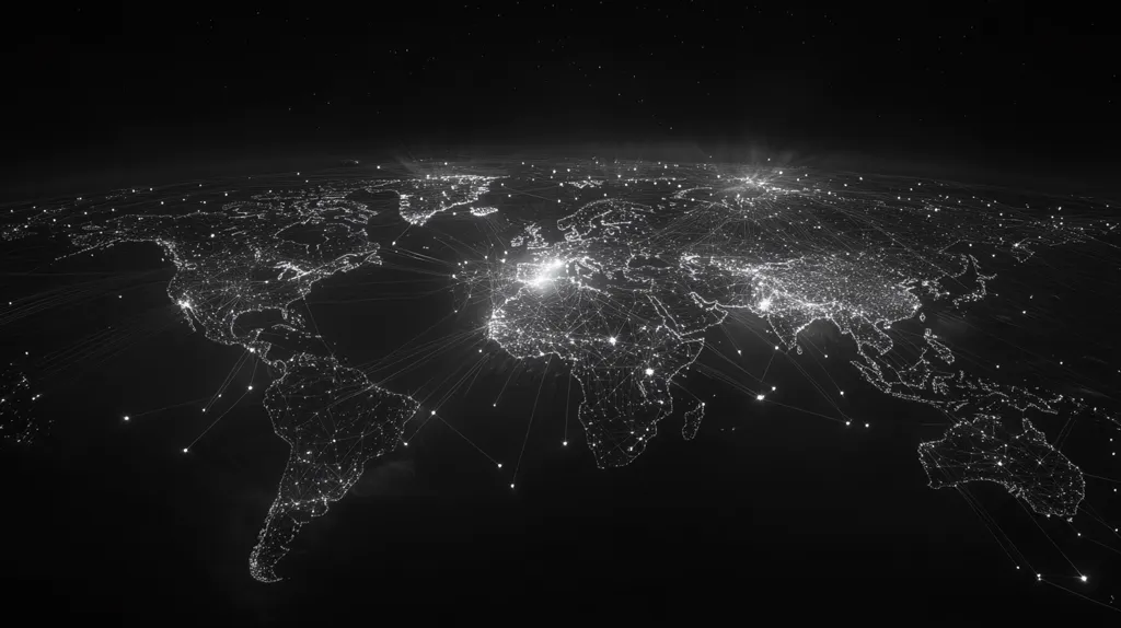 Here is a description of the image:

The image is a stylized representation of the Earth at night, viewed from space.  Major population centers are depicted as bright nodes of light, interconnected by a web of luminous lines suggesting global communication networks or transportation routes. The continents are subtly outlined by the density of these lights and lines. The overall effect is one of interconnectedness and global communication, presented in a dark, dramatic style. The background is a deep black, punctuated by the distant sparkle of stars.