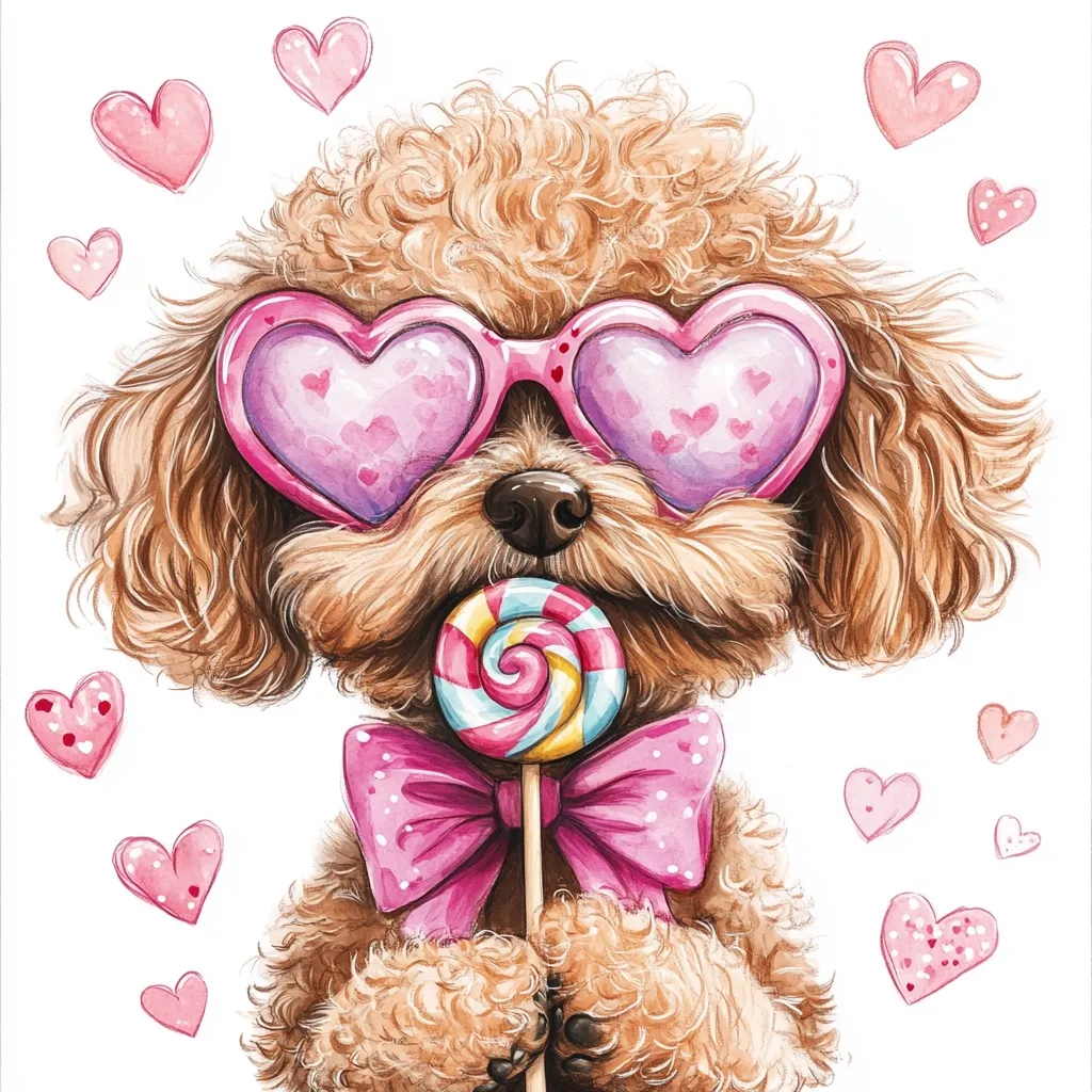 Here's a description of the image:

A charming illustration depicts a fluffy, light brown poodle, adorably holding a colorful swirl lollipop.  The poodle wears heart-shaped sunglasses in shades of pink and purple, and a matching pink bow tie.  The background is white, scattered with small, pink hearts, adding a whimsical, romantic touch. The style is watercolor, with soft, detailed brushstrokes that emphasize the dog's texture and the sweetness of the scene. The overall impression is one of playful affection and Valentine's Day charm.