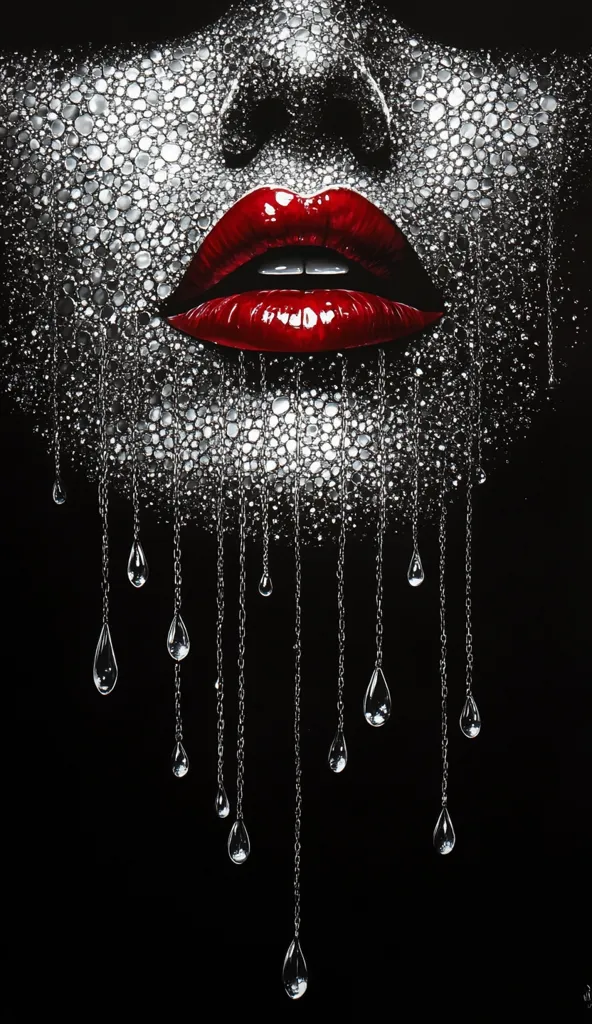 Close-up of a painting depicting a woman's face, specifically her lips and lower face.  Her skin is textured with small, glistening, silver orbs resembling dew drops, creating a sparkling effect.  Her lips are a vibrant, glossy red.  From her chin, delicate chains hang, each ending in a realistically rendered, clear water droplet, cascading downwards against a black background. The overall effect is dramatic, glamorous, and slightly melancholic.