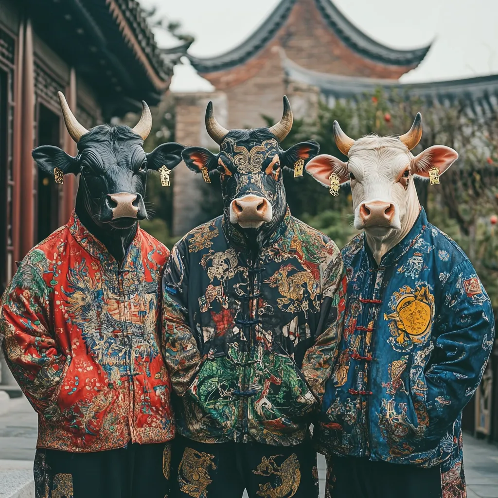 Three individuals wear cow masks and ornate, traditional Chinese jackets.  The jackets are richly colored and feature intricate designs.  The setting appears to be a traditional Chinese courtyard or street, with aged buildings in the background. The image is striking, creating a juxtaposition of the mundane and the unusual. The masks and clothing suggest a performance or celebration.