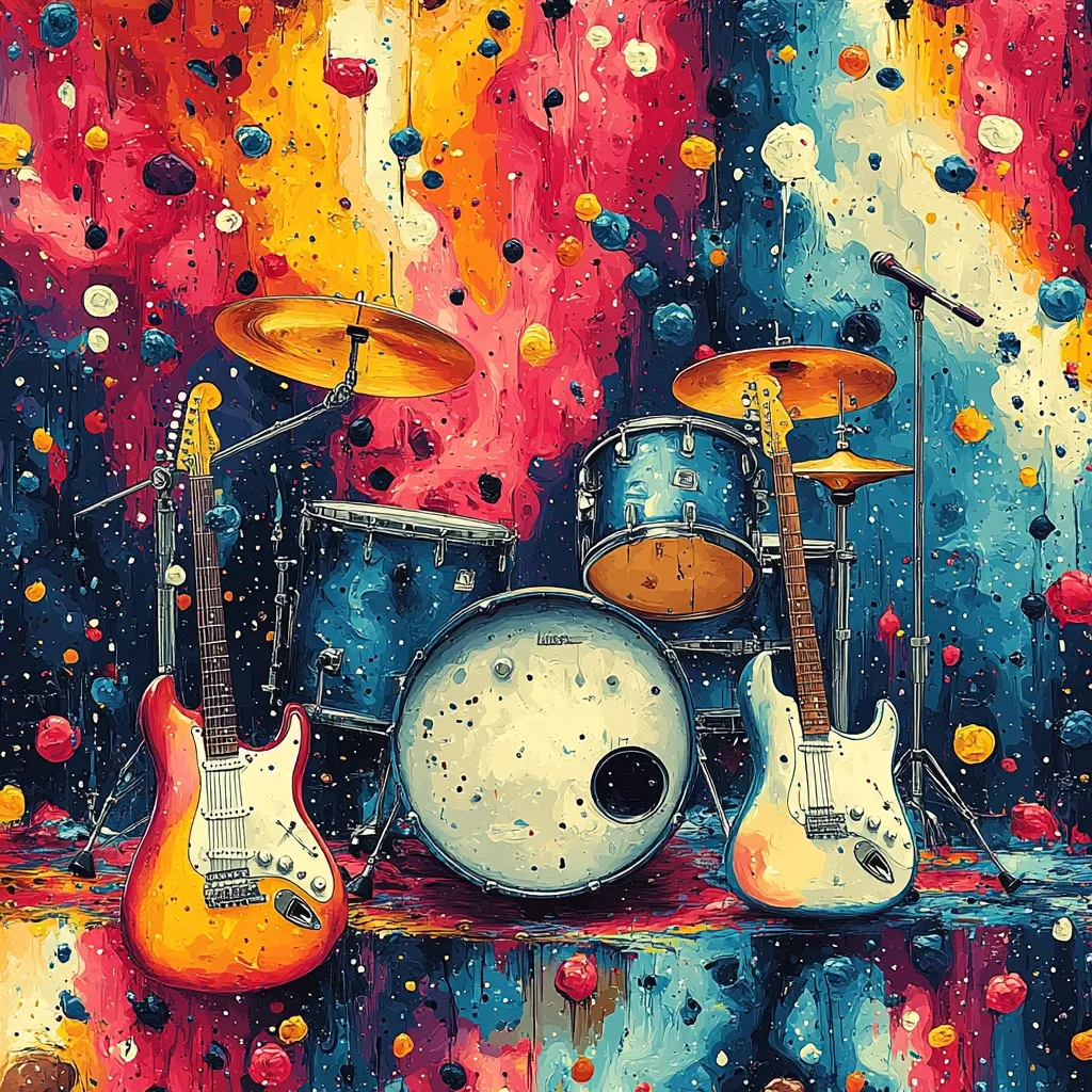 A vibrant, abstract painting depicts a drum kit and two electric guitars positioned against a colorful, splatter-paint background.  The background bursts with reds, oranges, blues, and yellows, punctuated by small, colorful circles. The instruments are rendered in a style consistent with the background, appearing somewhat painterly and less realistically detailed.  A microphone stand is visible behind the drums, adding to the musical scene.  The overall impression is one of energetic, expressive art.