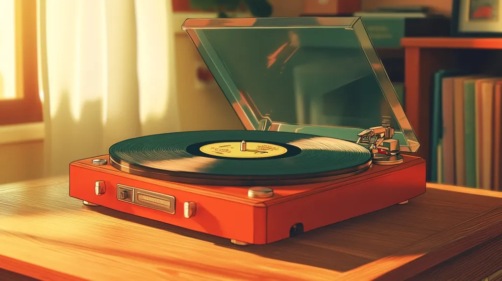 A stylish illustration depicts a vintage, red record player sitting on a wooden table bathed in warm sunlight.  The clear dust cover is partially open, revealing a dark vinyl record spinning on the turntable.  A stack of vinyl records is subtly visible in the background, along with a hint of a window and curtains, suggesting a cozy, nostalgic setting. The overall style is reminiscent of anime or a retro aesthetic.